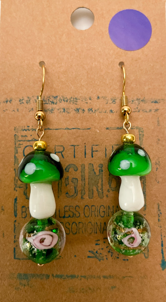 Lampwork Green Mushies - Handmade Earrings