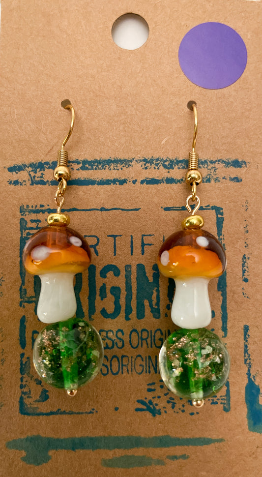 Lampwork Amber Mushies - Handmade Earrings